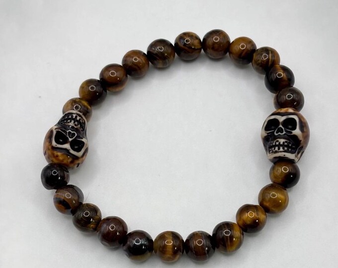 A Skull  Bracelet | Halloween bracelet | Stretch Bracelet | Skull bracelet | Skeleton Bracelet  | Tiger Eye Gemstones | 7 3/4  inch