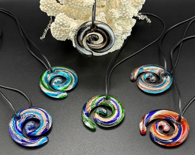 Spiral Circle Pendant Necklace | Lampwork |  Glass Spiral Circle Pendant | Gold sand pendant