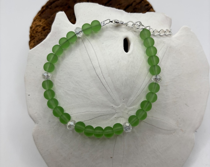 Green Seaglass Bracelet | Green Seaglass | Seaglass Bracelet | 6 mm beads with crystals