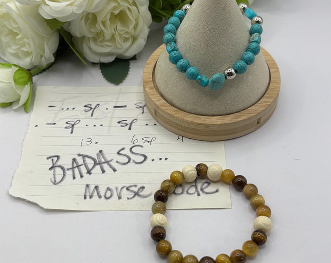 Turquoise and Tiger Eye Gemstone Bracelets  | Stretch Bracelet | Morse Code bracelet | Badass |