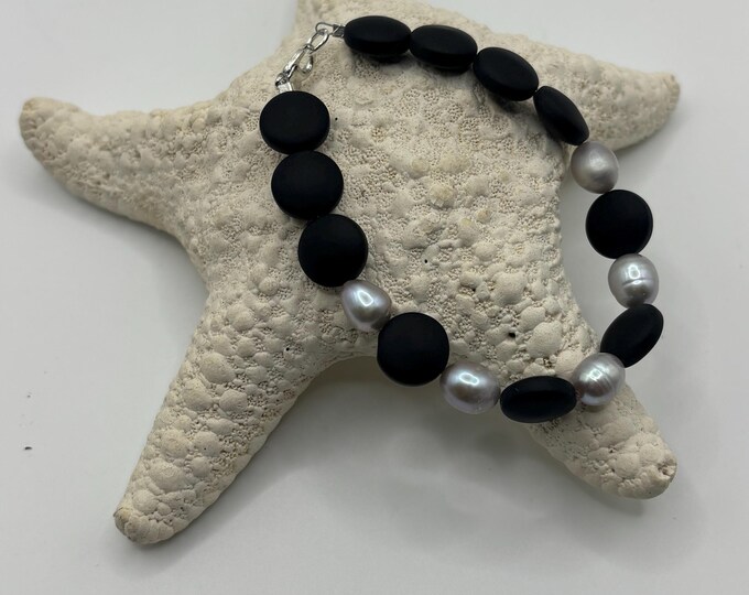 Black Pirate Seaglass Bracelet | Black Seaglass Coins | Seaglass Bracelet | Silver Freshwater Pearls