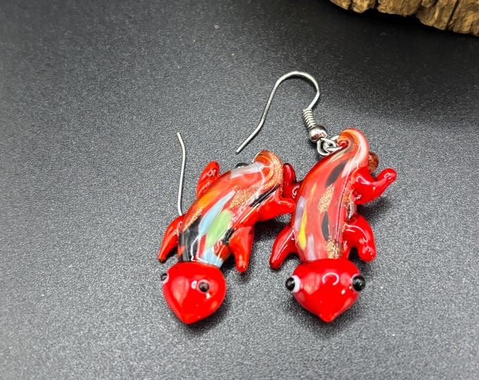Lampwork Glass Gecko  Earrings |  Millefiori | Murano Inspired Lamp Work  |  White Red or Black Glass Earrings