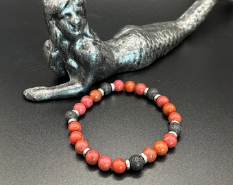 Black Lava Rock | Red Jasper Gemstones | Stretch Bracelet | Mens or Ladies Bracelet