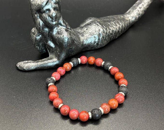Black Lava Rock | Red Jasper Gemstones | Stretch Bracelet | Mens or Ladies Bracelet