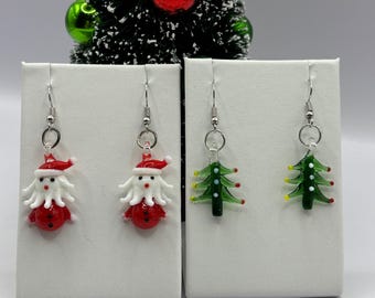 Lampwork Christmas  Tree Earrings | Santa Earrings | Holiday Earrings | Christmas Earrings |