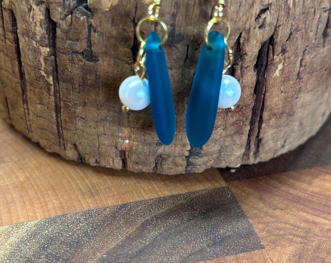 Peacock Blue Seaglass Earrings | Blue Seaglass | Seaglass Earrings with Charm | White Pearl Charm