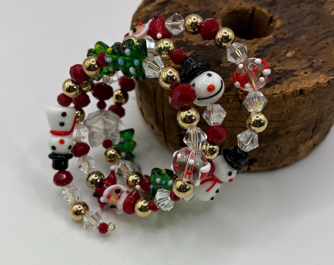Lampwork Glass Christmas Bracelet:  Holiday  Jewelry |  Multi Strand Bracelet | Memory Wire Bracelet |