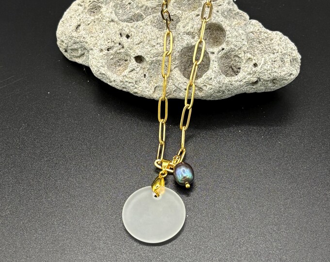 White Seaglass Necklace | White Seaglass | Seaglass Necklace with Freshwater Black Pearl | Paper Clip Chain