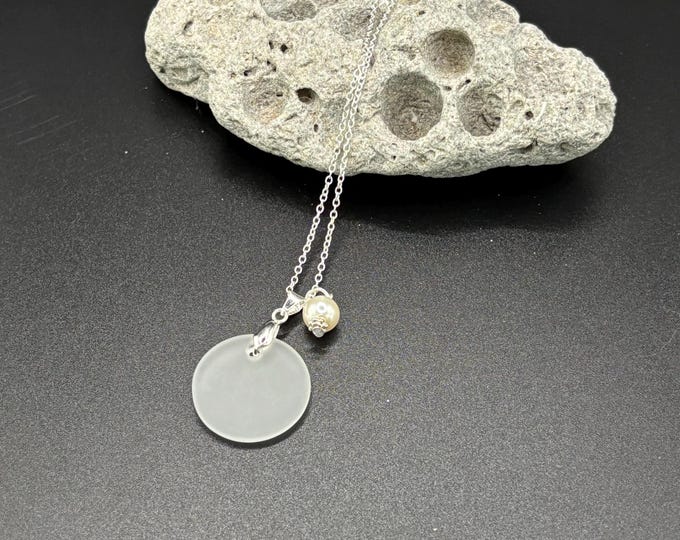 White Seaglass Necklace | White Seaglass | Seaglass Necklace with Freshwater White Pearl |