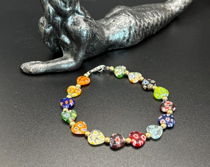 Millefiori Hearts Beaded Bracelet |  8 inch bracelet