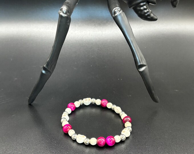 Pink Tiger eye Gemstones | Halloween Gemstone bracelet | Stretch Bracelet | Skull bracelet | Pinkoween