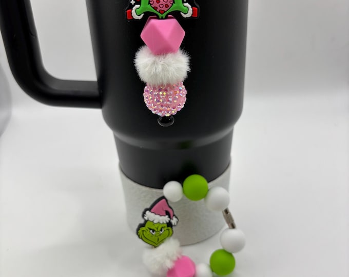 Valentines Day Green and Pink Stanley Cup Bracelet:  Cup Handle Bracelet | Straw Charm  | Valentine | Feelin Grinchie