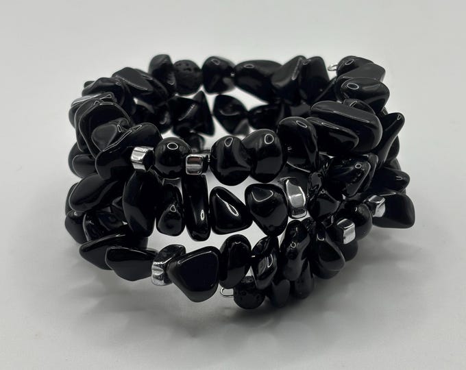 Black Obsidian Black Onyx and Black Lava Rock Gemstone bracelet | Memory wire bracelet | Multistrand bracelet | gemstones |