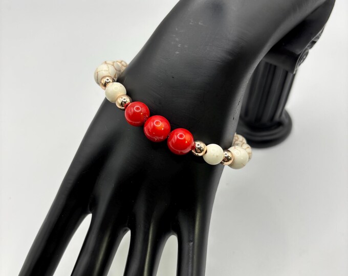 Birth Month July Gemstone Bracelet | White Howlite Gemstone Beads | Red Coral Gemstones  | Stretch Bracelet