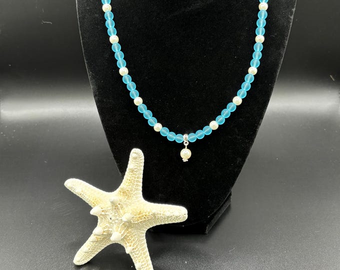Turquoise Blue Seaglass Necklace | Freshwater Pearls | Seaglass Necklace