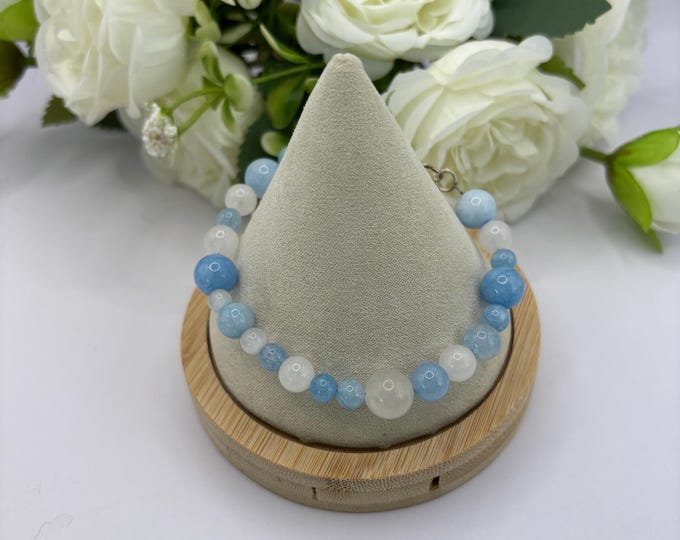 Aquamarine Moonstone Gemstone Bracelet: 8 Inch Unisex Design