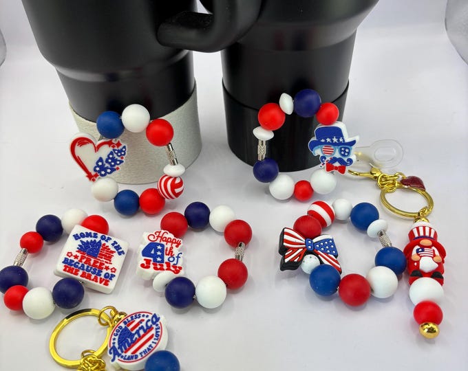 Patriotic Stanley Tumbler Accessories  | Handle Charm | Silicone Focal Beads | Straw Charm | Red White and Blue | USA