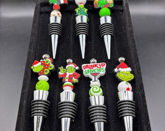 A Christmas Wine Bottle Stopper :  Silicone Beaded Bottle Stopper | Grinch Theme | Drink Up Grinches | Barware