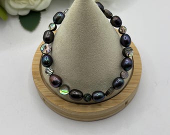 Pulsera de abulón y perlas negras de agua dulce / Perlas de agua dulce / Pulsera de perlas / Concha de abulón / Pulsera de 20 cm / Concha de paua