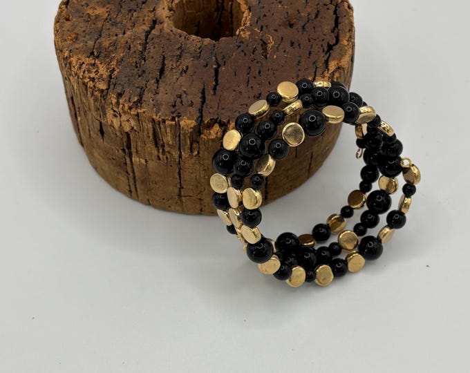 Black Onyx and Gold Coin Accents  | Memory wire bracelet | Multistrand bracelet |