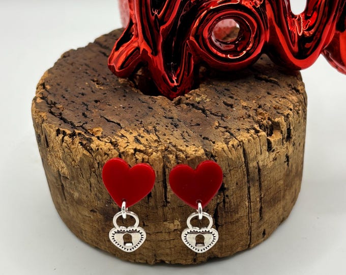Red Heart Earrings  | Silver Heart Charm Accents |  Valentine Earrings | Post Earrings