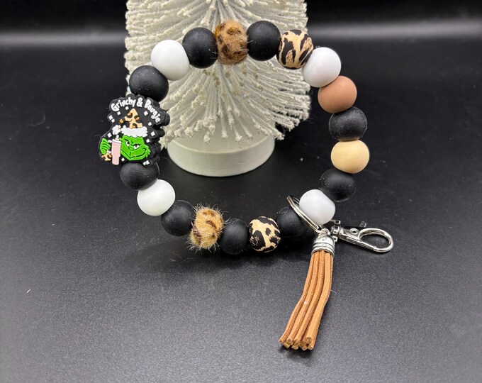Grinch Beaded Wristlet Keychain  | Keychain with Silicone and Fur | Keychain | Key Fob | Wristlet | Animal Print | Grinchy and Bougie |