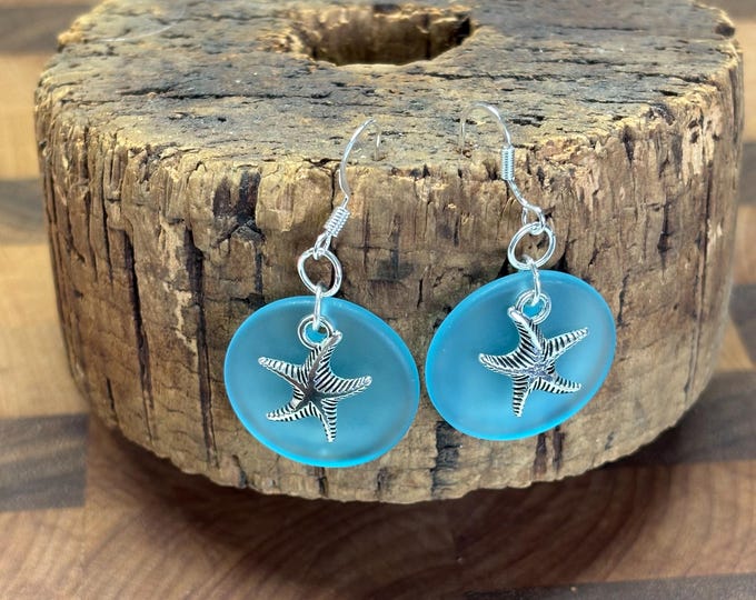Blue Seaglass Earrings | Blue Seaglass | Seaglass Earrings with Charm |  Starfish Charm