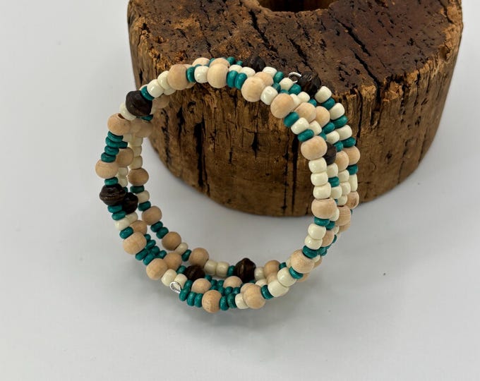 Teal and Tan Wooden Beads | Memory Wire Bracelet | Multi-Strand Bracelet |