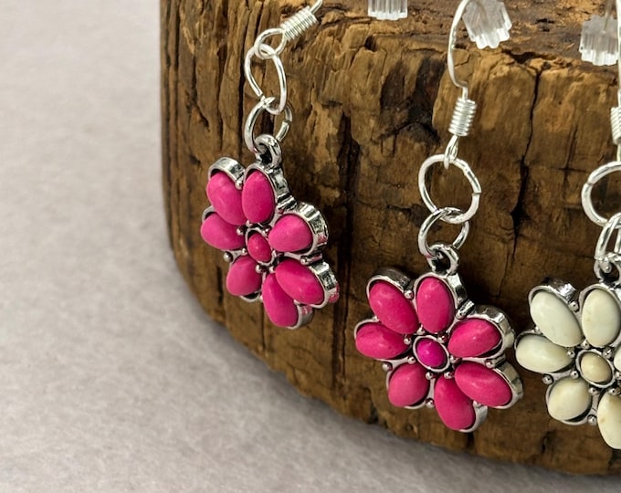 Turquoise Flower on Silver Earrings  |  Turquoise Earrings | Flower Earrings