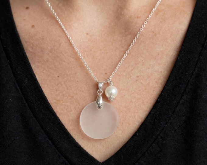 White Seaglass Necklace | White Seaglass | Seaglass Necklace with Freshwater White Pearl |