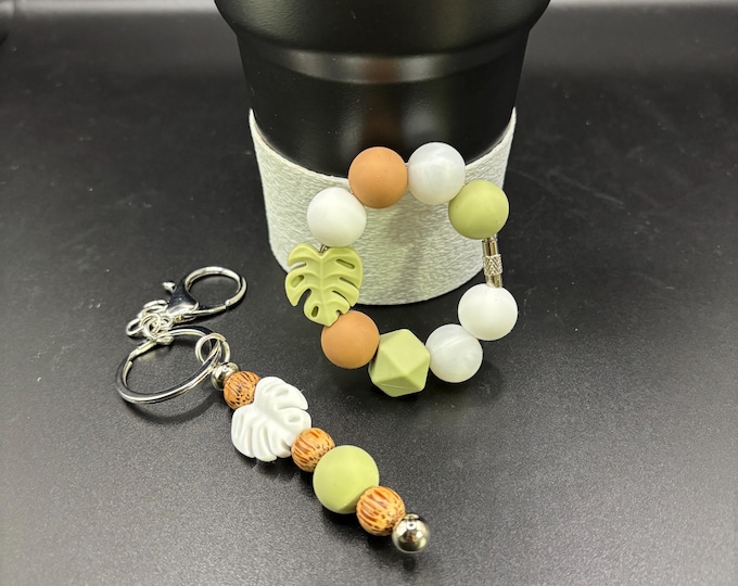 Sage and White Monstera Leaf Tropical Stanley Cup Bracelet:  Cup Handle Bracelet | Straw Charm with Palm Wood Beads | Vacation |