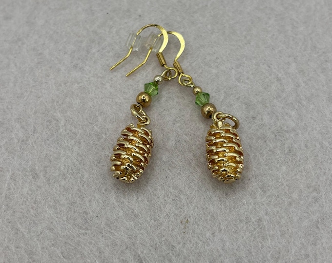 Gold Metal Pine Cone Earrings  | Swarovski Crystal Accents |  Earrings | Pine Cones