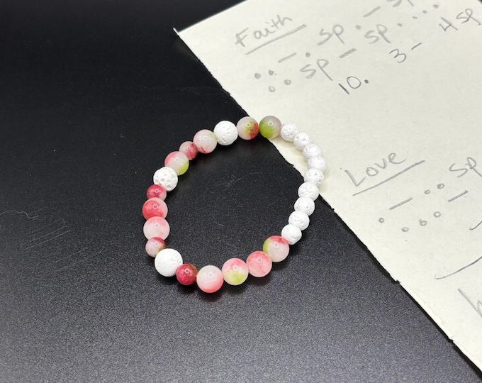 Watermelon Jade and White Lava Gemstones | Gemstone bracelet | Stretch Bracelet | Morse Code bracelet | Faith