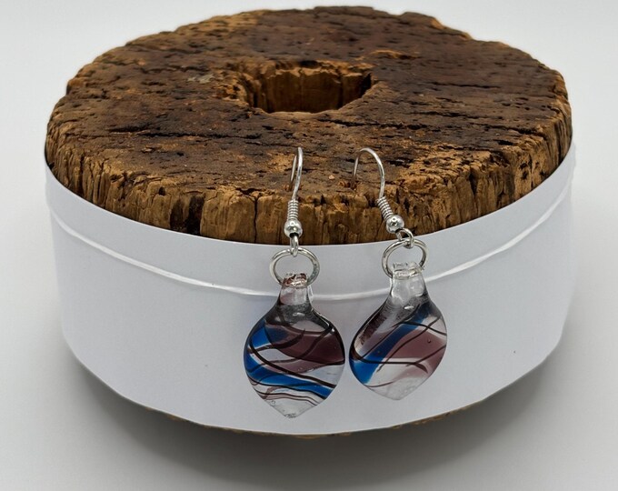 Blue and Purple  Leaf Drop Earrings |  Murano Inspired Lamp Work  |  Colorful Glass Earrings