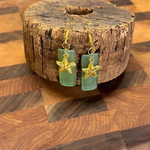 Green Seaglass Earrings | Green Seaglass | Seaglass Earrings with Starfish Charm |