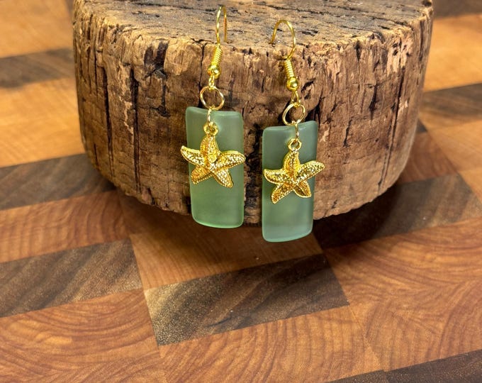 Green Seaglass Earrings | Green Seaglass | Seaglass Earrings with Starfish Charm |