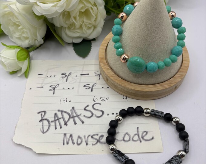 Onyx and Obsidian Gemstone Bracelet | Seafoam Faceted  bracelet | Stretch Bracelet | Morse Code bracelet | Badass |