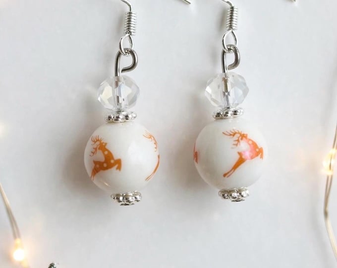 Reindeer Glass Earrings | Holiday Earrings |  Crystal Accent | Christmas Earrings |