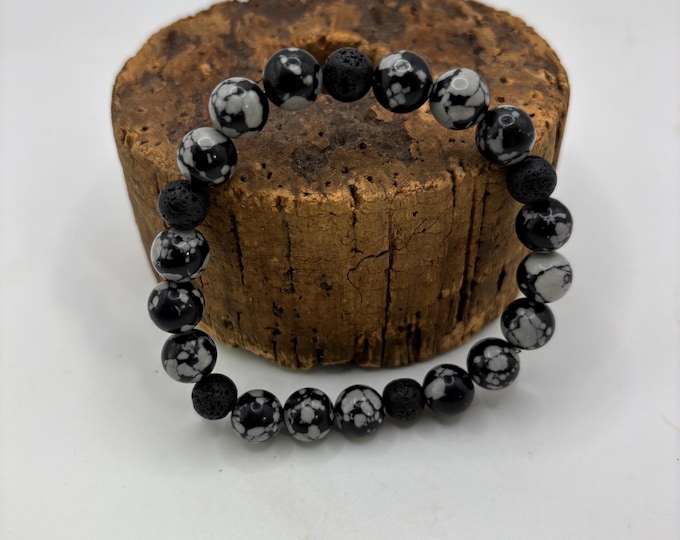 Snowflake Obsidian and Lava Rock Gemstones Beaded Bracelet |  8 1/4 inch Stretch bracelet | Unisex Bracelet