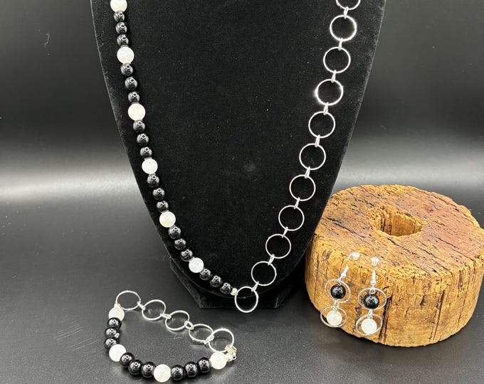 Black and White Gemstone Statement Necklace Set |  Moonstone and Black Striped Agate Gemstones |23” Necklace | 7 3/4” Bracelet | Earrings