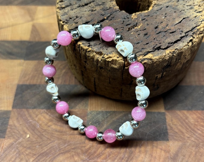 Pink Jade Gemstones | Halloween Gemstone bracelet | Stretch Bracelet | Skull bracelet | Pinkoween