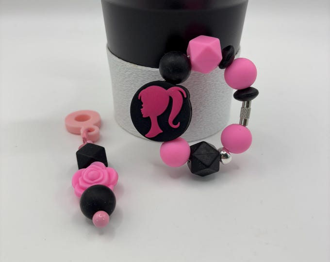 Girly Hot Pink and Black Stanley Cup Bracelet:  Cup Handle Bracelet | Straw Charm | Barbie Inspired |