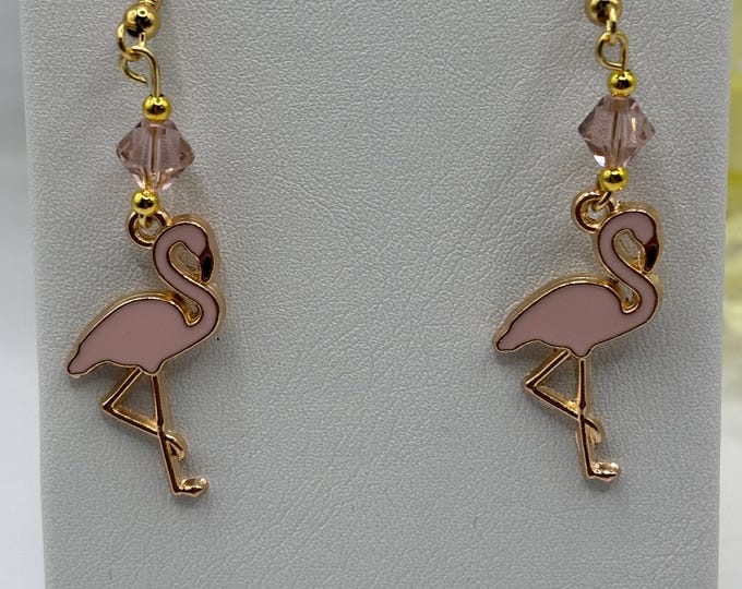 Pink Flamingo Earrings | Swarovski Crystals | Flamingo Earrings on Gold Ear Wires
