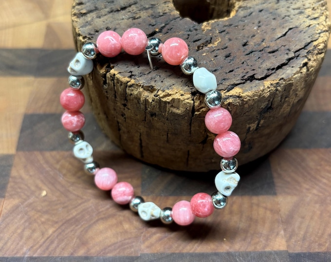 Pink Jade Gemstones | Halloween Gemstone bracelet | Stretch Bracelet | Skull bracelet | Pinkoween