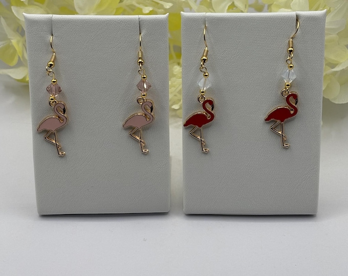 Pink Flamingo Earrings | Swarovski Crystals | Flamingo Earrings on Gold Ear Wires