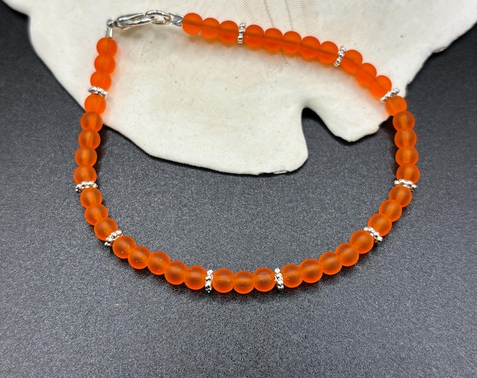 Orange Seaglass Bracelet |  Orange Beach Glass | Seaglass Bracelet | Minimalist 4mm beads
