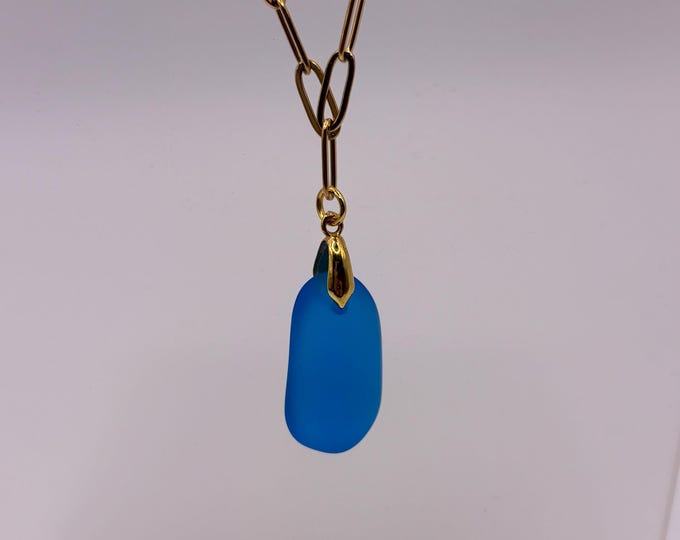 Pacific Blue Seaglass Necklace | Blue Seaglass | Seaglass Necklace |  Paper Clip Style Jewelry Gold Chain | Seaglass Pendant