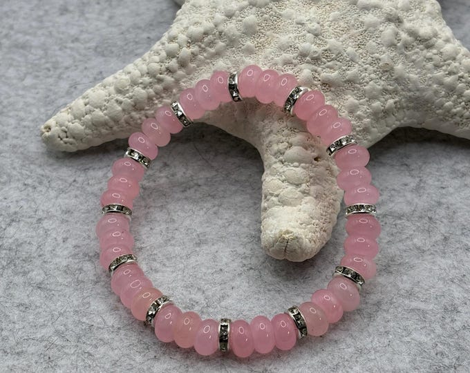 Pink Quartz Gemstones | Gemstone bracelet | Stretch Bracelet | Rhinestone Rondelle Accents