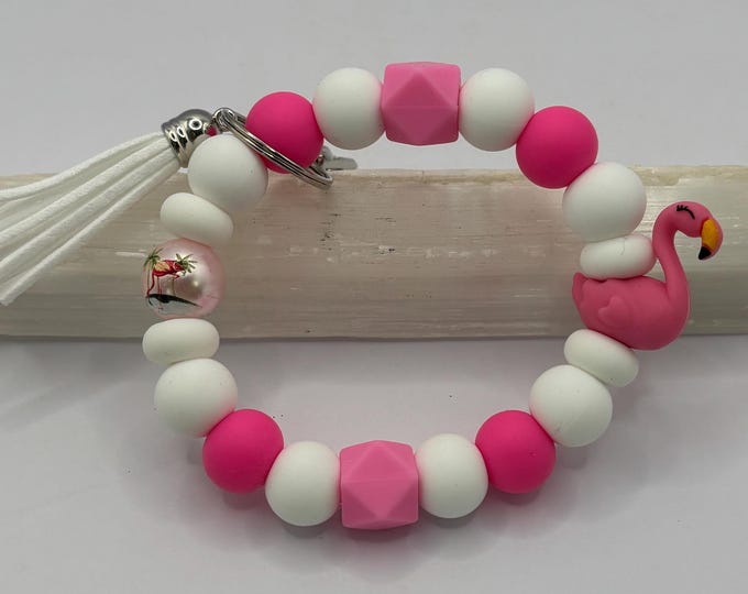 Pink Flamingo Beaded Wristlet Keychain  | Keychain with Silicone and tassel | Keychain | Key Fob | Wristlet