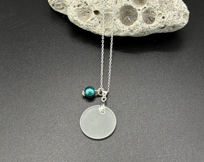 White Seaglass Necklace | White Seaglass | Seaglass Necklace with Teal Pearl |